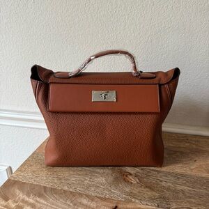 *FLAW Gold Brown Pebble Large 2424 Top Handle Bag Leather Satchel Crossbody S9